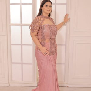 Pleated Draped Skirt Set with Handwork Corset Bustier & Collar Sleeves | Designer Occasion Wear