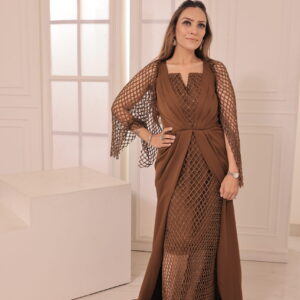 Laser-Cut Embroidered Gown with Cape Sleeves in Banana Crepe Fabric | Designer Evening & Occasion Wear