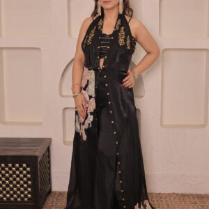 Black Organza Cape Set with Appliqué Handwork & Taffeta Pants | Designer Co-ord Set
