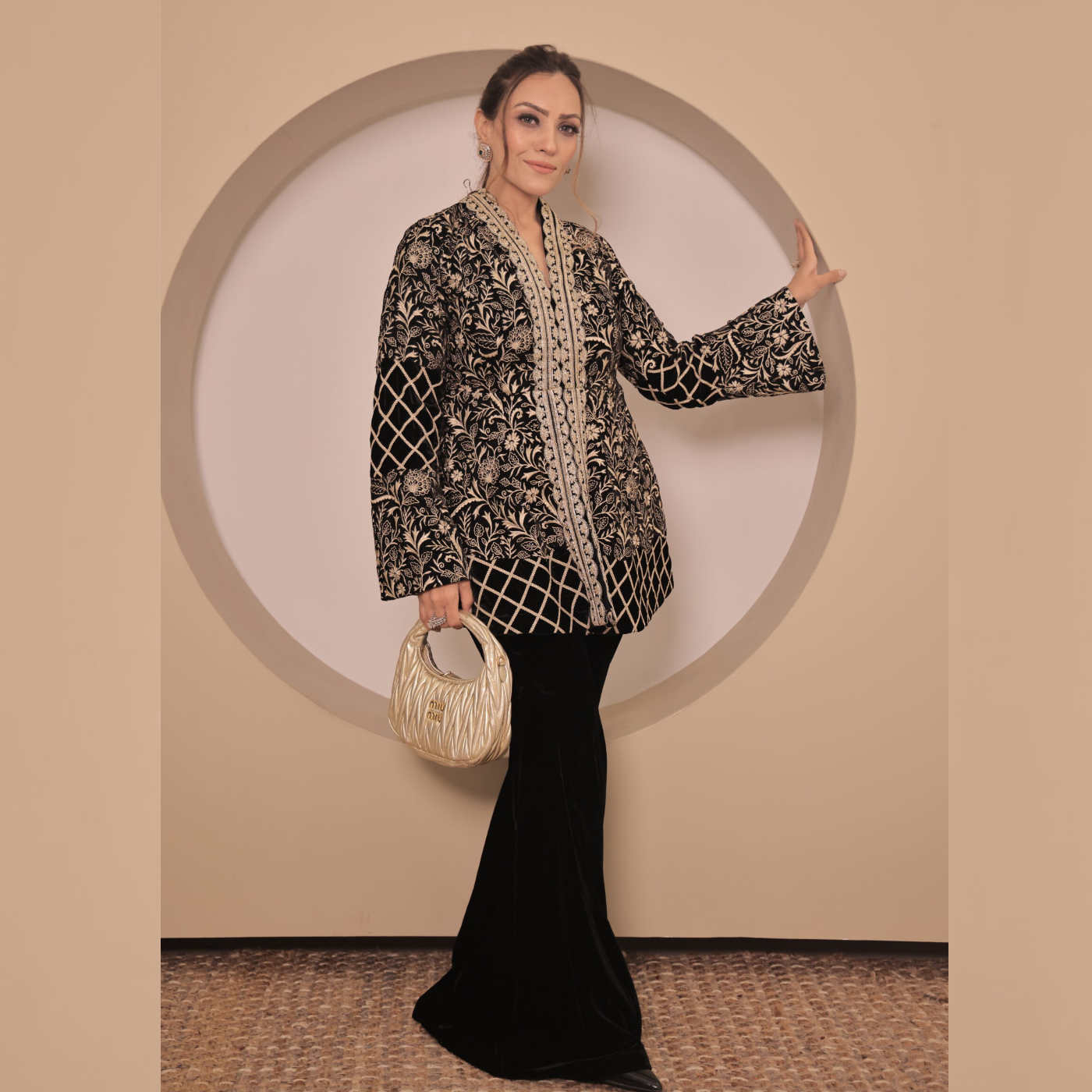 Velvet Co-ord Set with Gold Machine & Gota Embroidery | Bell Bottom Pants | Festive & Wedding Wear
