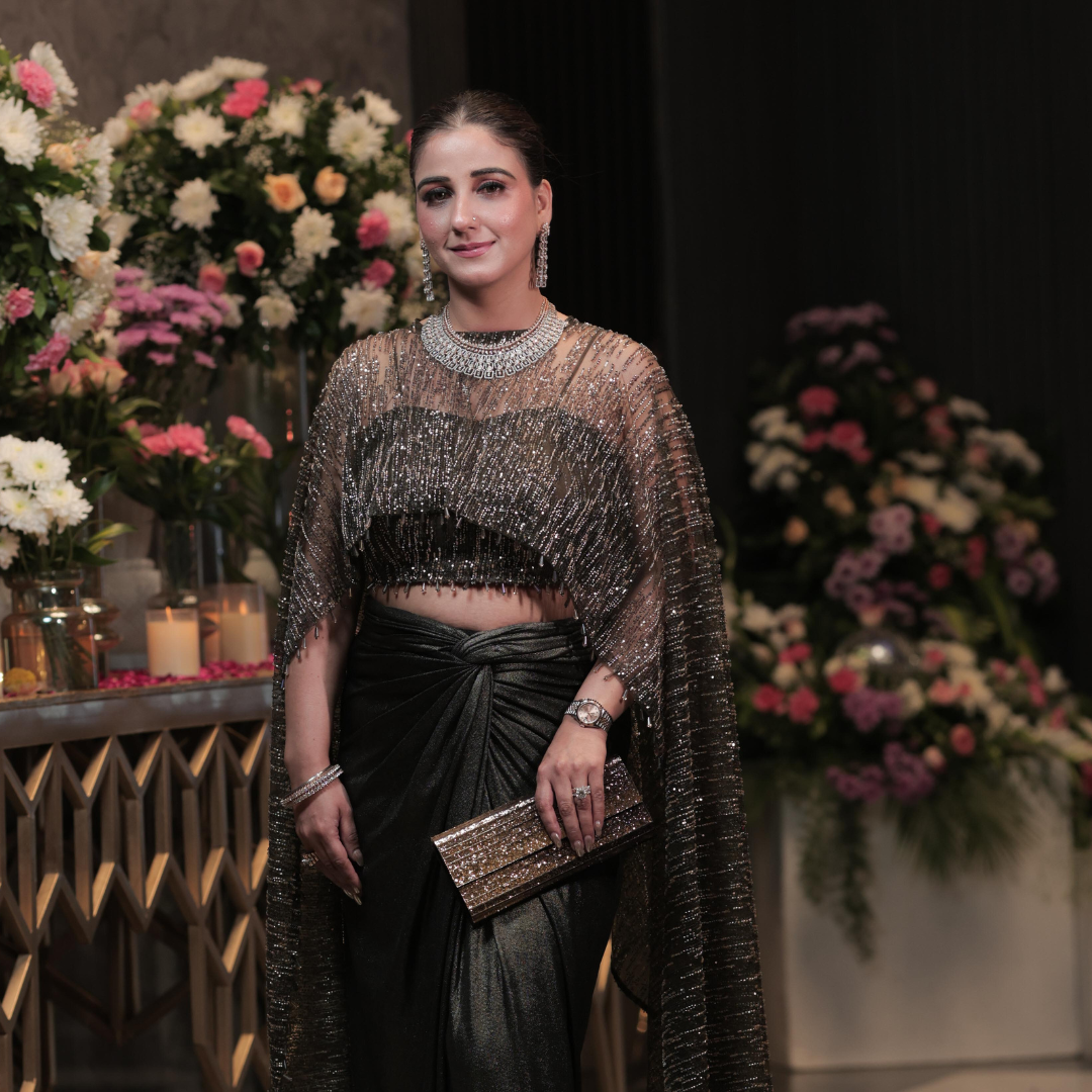 Statement indo-western drape skirt set with a cape